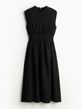 H&M Black Sleeveless Smocked Midi Dress Crinkled Fabric XS